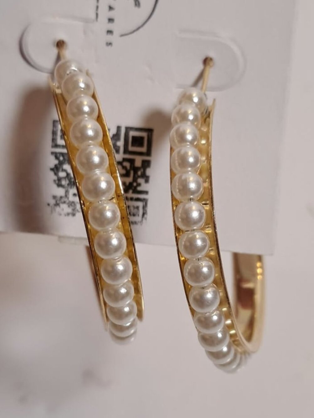 Gold Hoop Earrings with White Faux Pearl Detail
